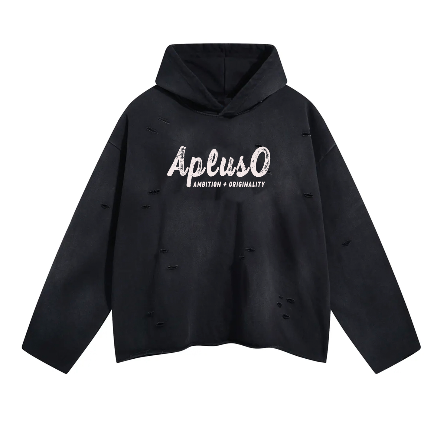 DISTRESSED CROPPED HOODED PULLOVER - BLACK