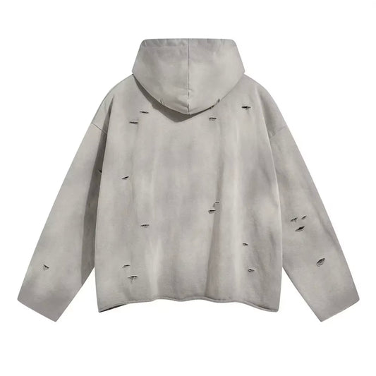 DISTRESSED CROPPED HOODED PULLLOVER