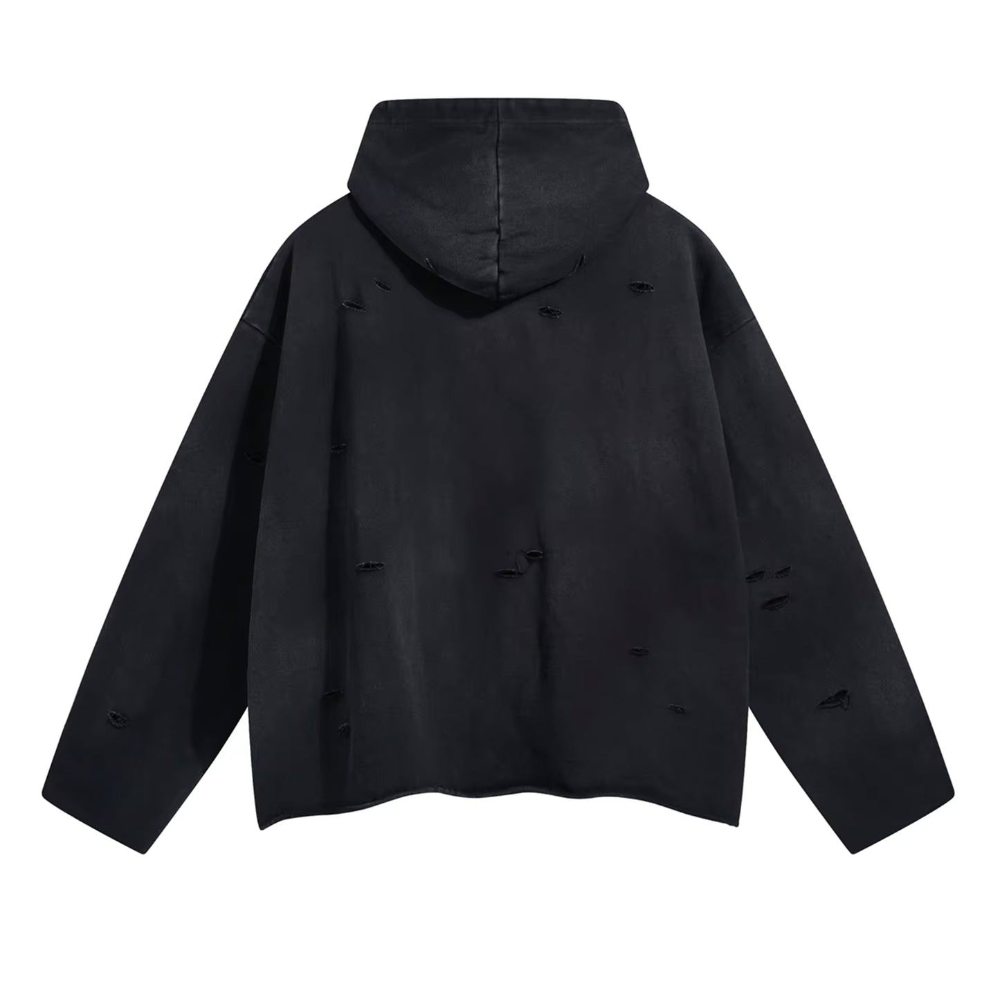 DISTRESSED CROPPED HOODED PULLOVER - BLACK