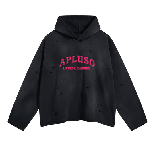 DISTRESSED CROPPED HOODED PULLOVER - BLACK