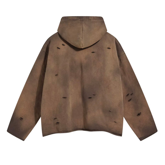 DISTRESSED CROPPED HOODED PULLOVER - COFFEE