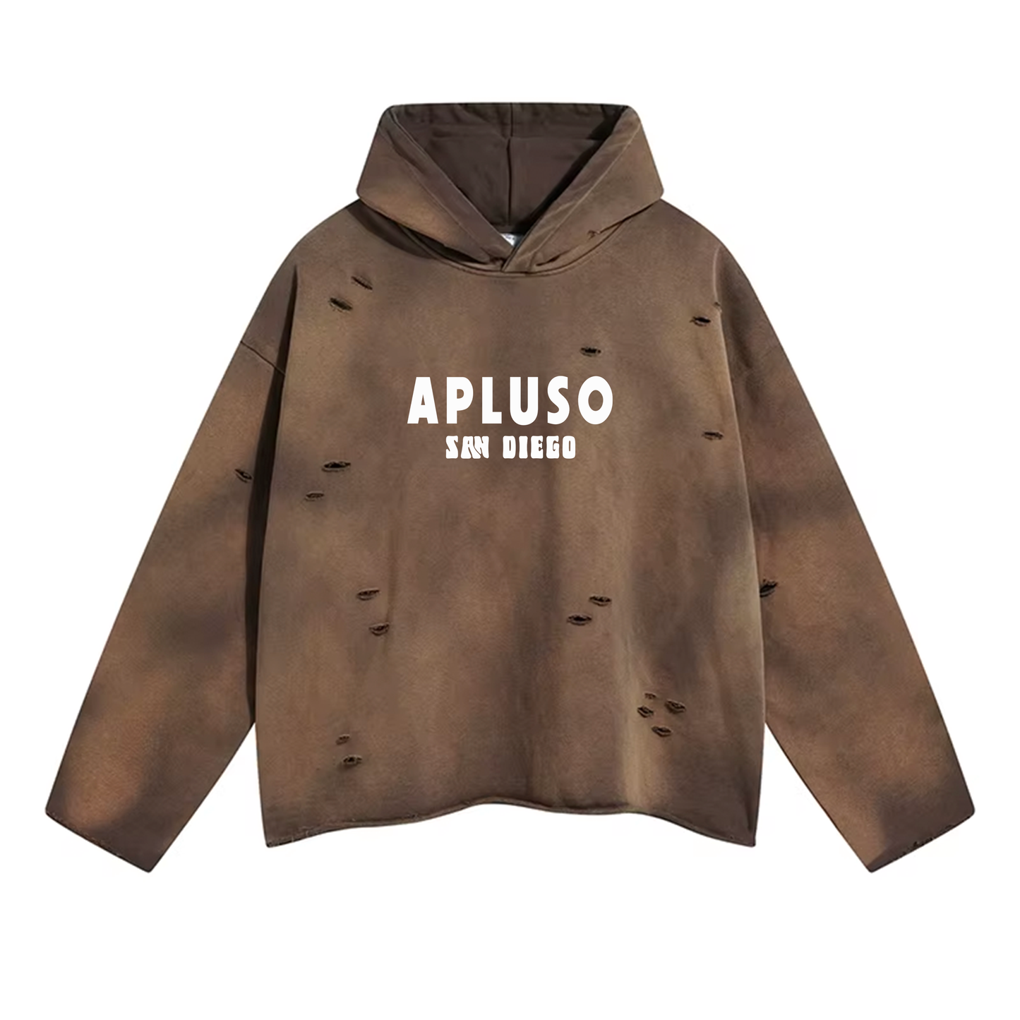 DISTRESSED CROPPED HOODED PULLOVER - COFFEE