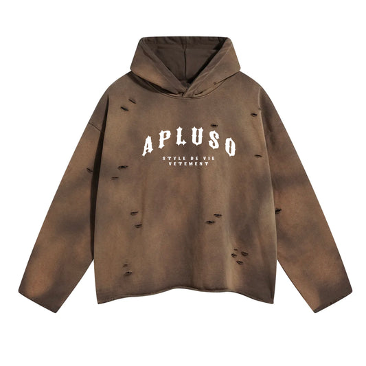 DISTRESSED CROPPED HOODED PULLOVER - COFFEE
