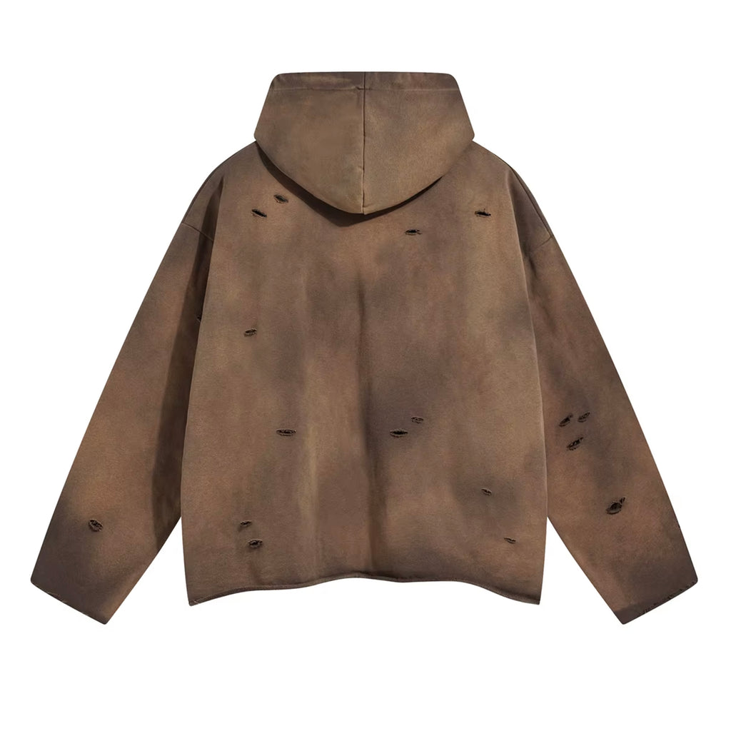 DISTRESSED CROPPED HOODED PULLOVER