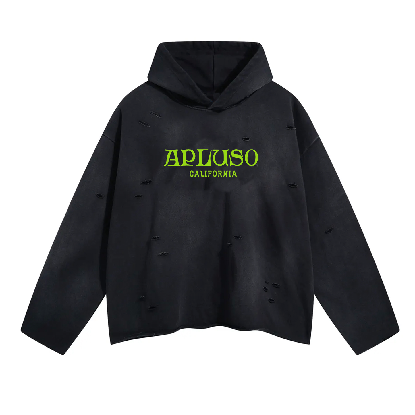 DISTRESSED CROPPED HOODED PULLOVER - BLACK