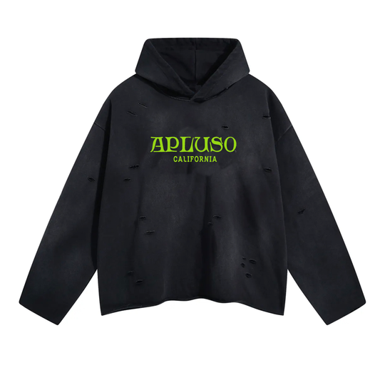 DISTRESSED CROPPED HOODED PULLOVER - BLACK