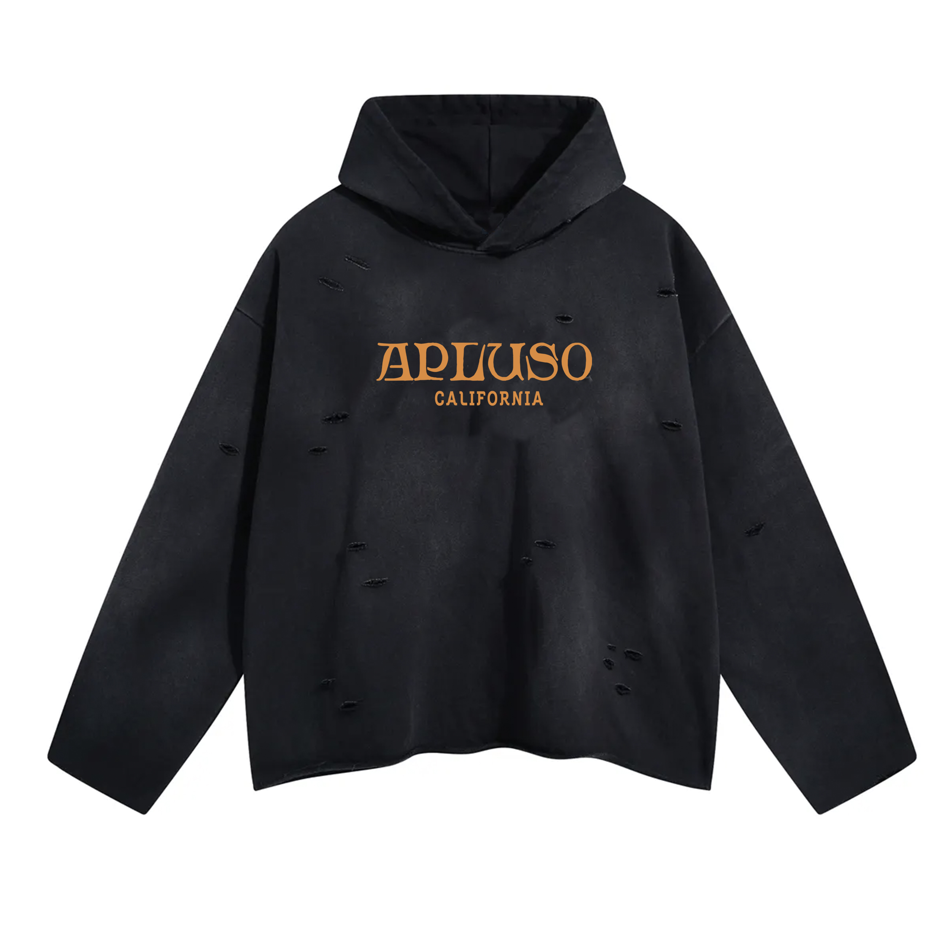 Boxy Cropped and Distressed Pullover Hoodie - Black