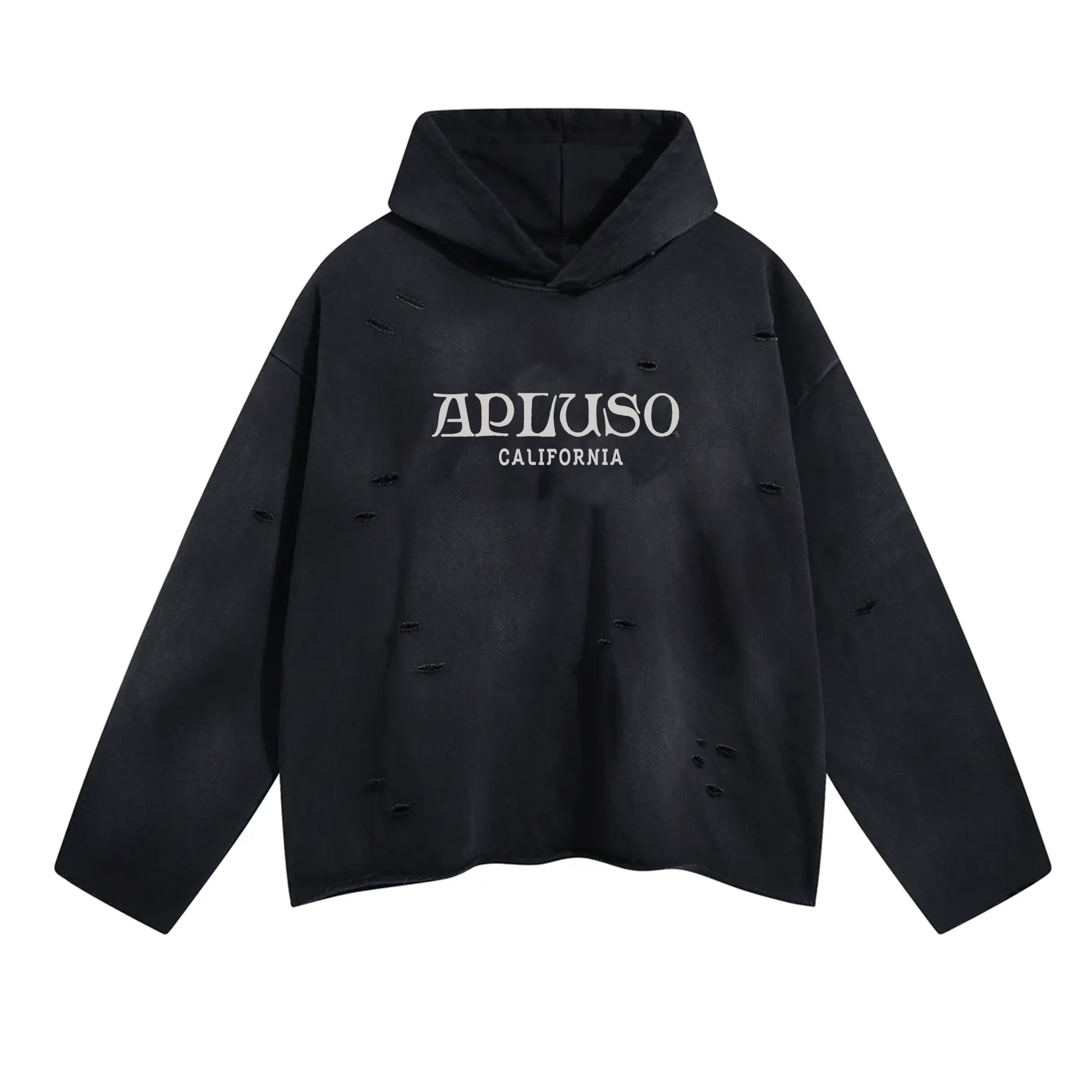 Boxy Cropped and Distressed Pullover Hoodie - Black