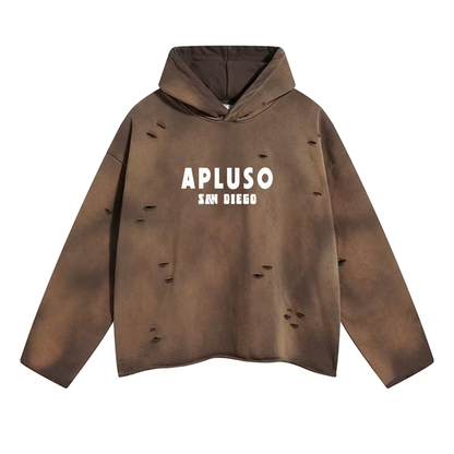 DISTRESSED CROPPED HOODED PULLOVER - COFFEE